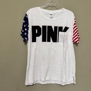Victoria’s Secret PINK USA Flag Sleeve Tee – Red, White & Blue Logo Top Size L